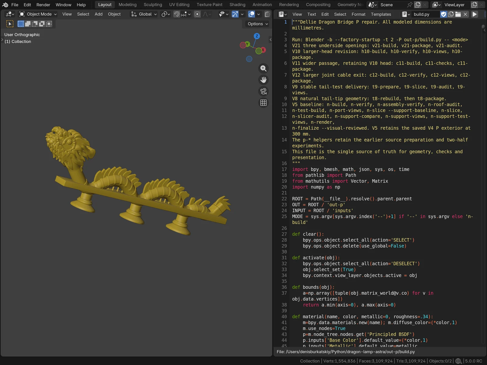 Blender với phiên bản 21 của đèn rồng trong khung nhìn 3D, bên cạnh là script Python dựng mô hình