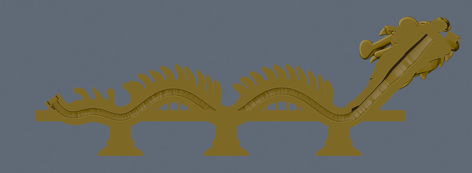 A side view of the dragon model cut open lengthwise, showing a narrow tunnel running inside the body from the tail on the left, over both arches and up the neck to the head on the right