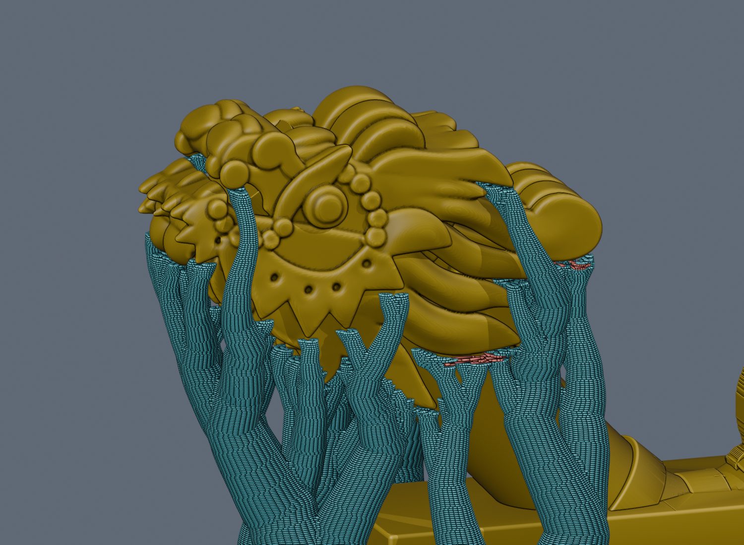 A slicer view of the dragon's head test piece in gold, held up from below by teal tree-shaped supports that branch out and touch the underside of the jaw, mane and neck