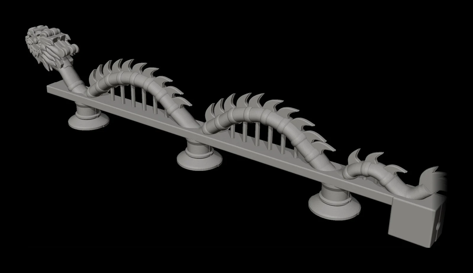 Mô hình 3D màu xám của cầu rồng: đầu rồng nhiều chi tiết, thân có gờ uốn hai vòng trên mặt cầu