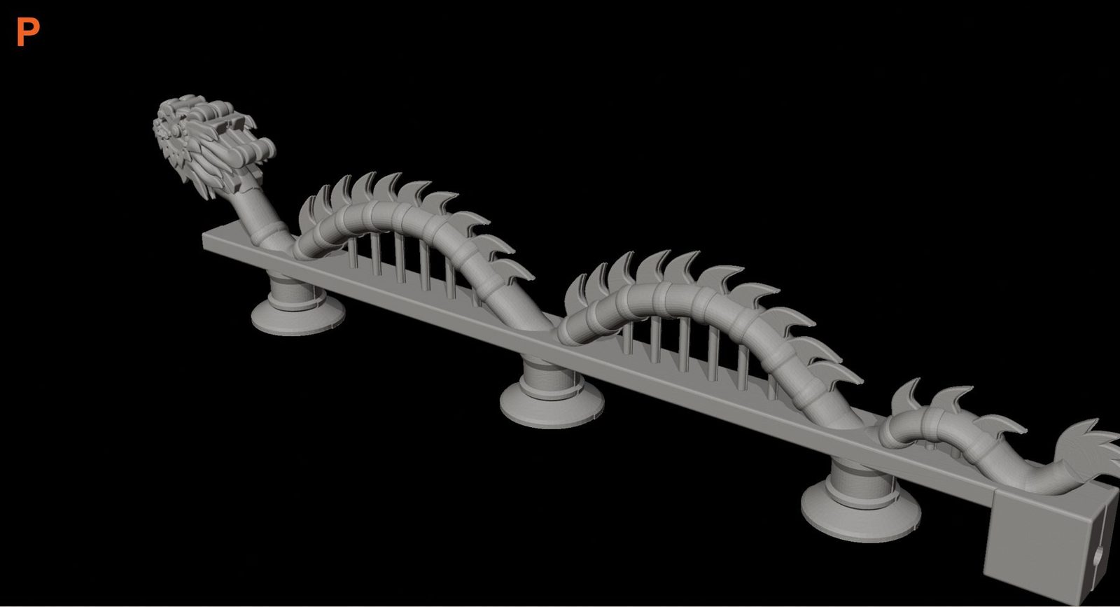A grey 3D model of the dragon bridge on a black background: a detailed dragon head on the left, a ridged body arching twice over a deck with thin hangers, and three round feet