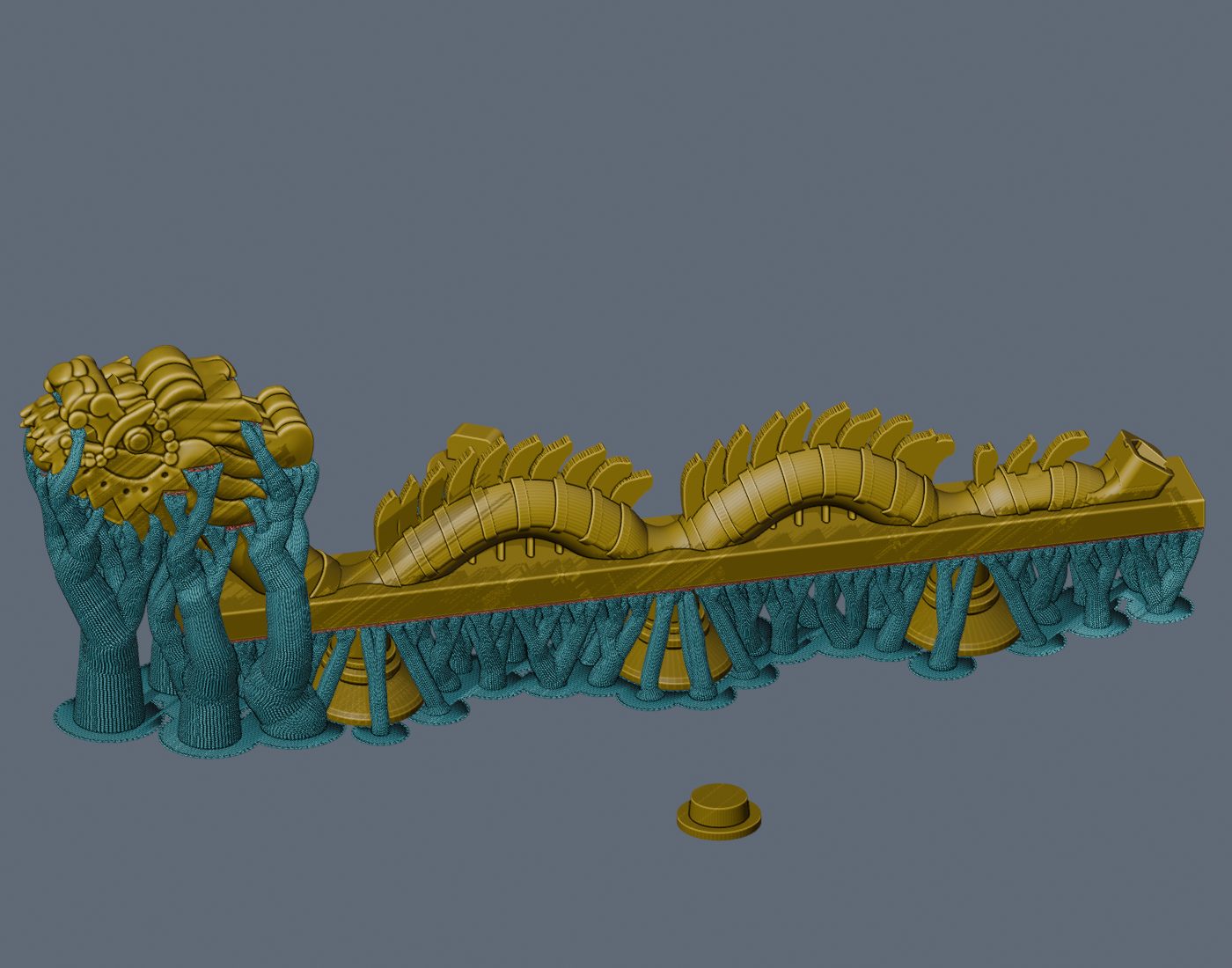 A slicer view of the yellow dragon lamp standing upright, with dense teal tree-shaped supports under the head and branching supports along the whole bridge deck