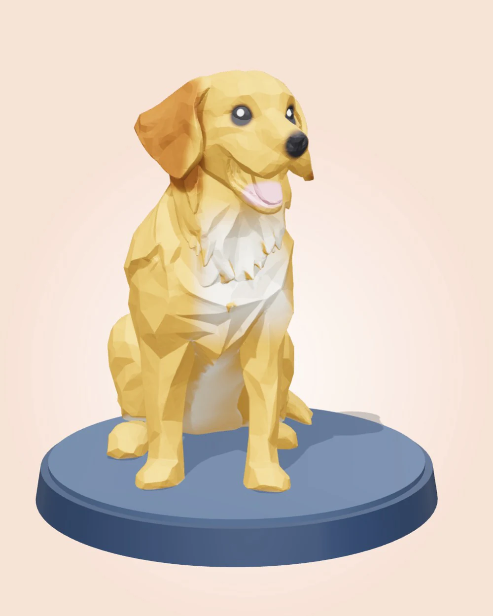 The same retriever, painted gold with a black nose and a pink tongue