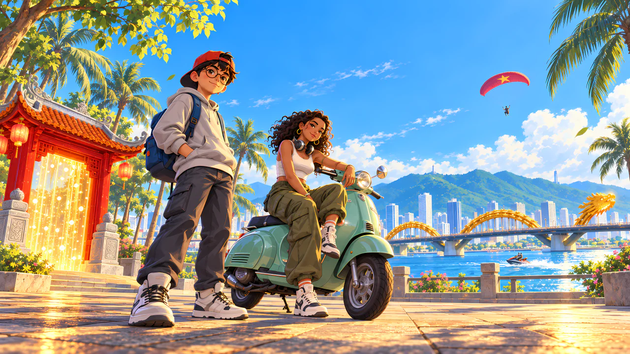 Two friends with a mint Vespa by a lantern gate, the Dragon Bridge and the Han River behind