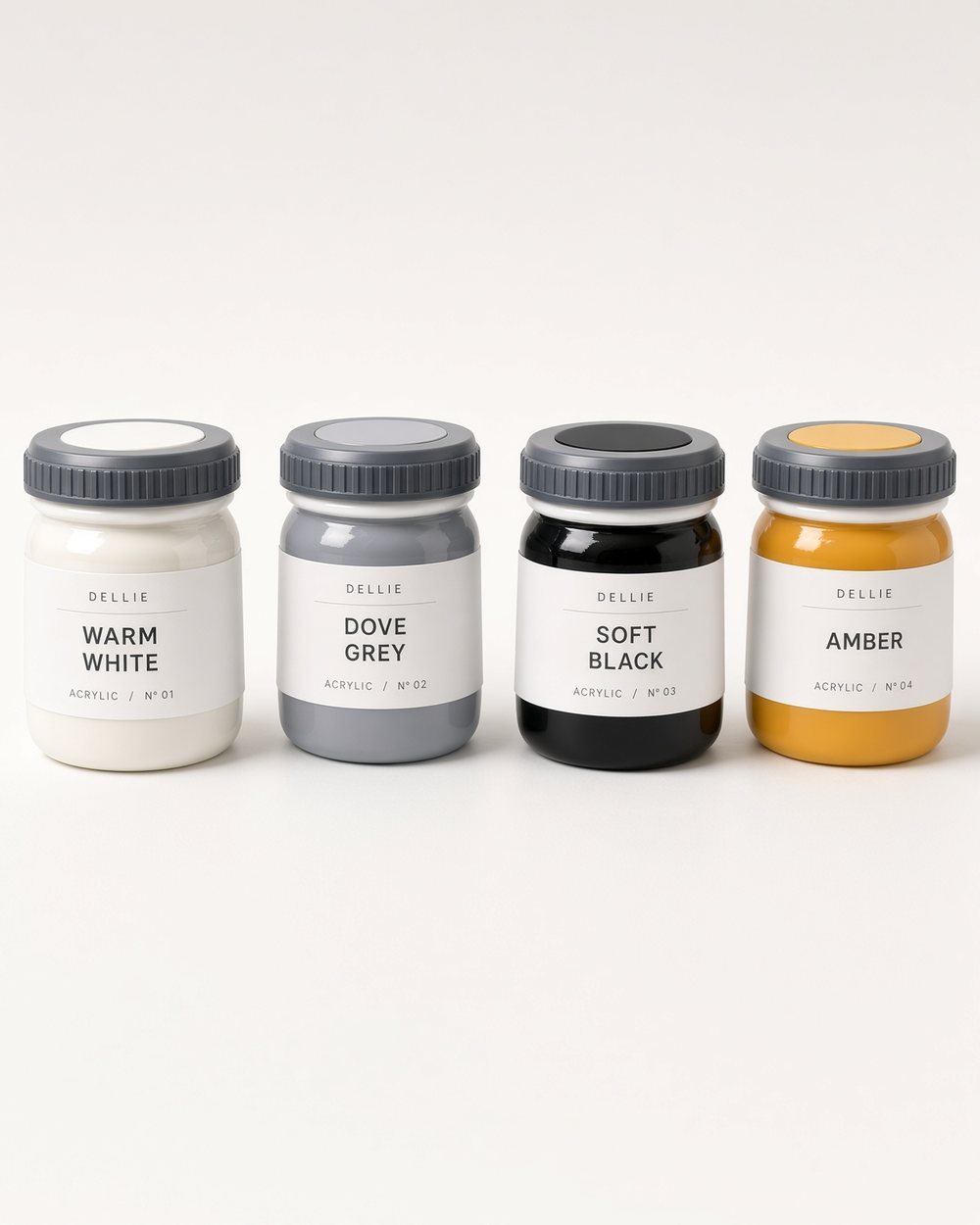 Bốn hũ màu acrylic Dellie: trắng ấm, xám khói, đen dịu và hổ phách