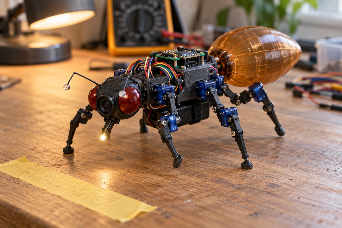 An AI-made picture of an imagined dark robot fly on a desk: a head with big red eyes, a black body full of wires and blue motors, and a large orange abdomen behind