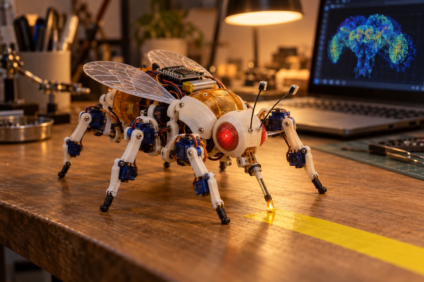An AI-made picture of an imagined robot fly on a wooden desk: a white and amber printed body with six legs driven by small blue motors, wings, red eyes and a glowing tongue touching a strip of yellow tape, with a laptop showing a glowing brain behind it