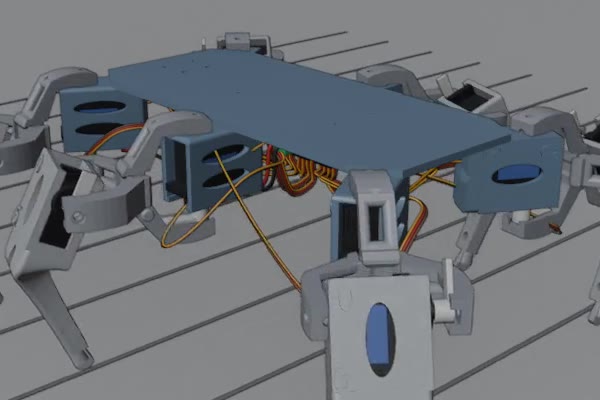 Render of the first version: orange and brown servo cables loop loosely under the body
