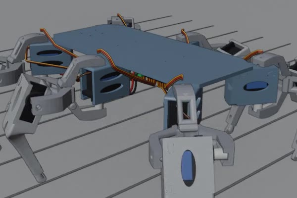 Render of the second version at the same moment: the cables now run in tidy arcs from each servo over the body's edge
