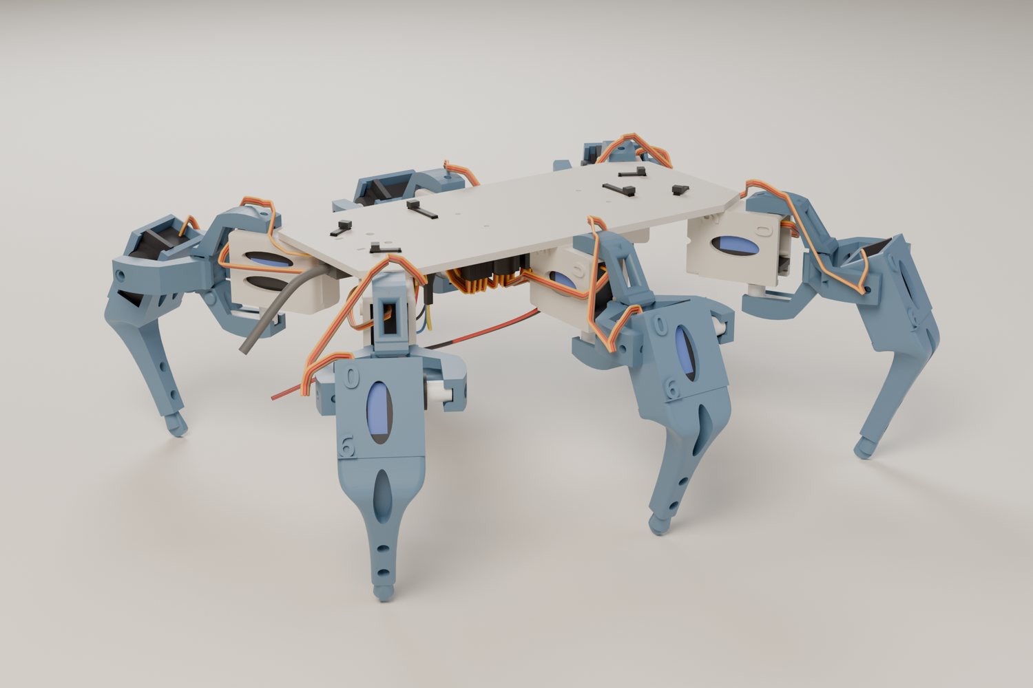 A six-legged robot with blue printed legs, small black motors and orange cables under a light body plate, standing on a pale floor
