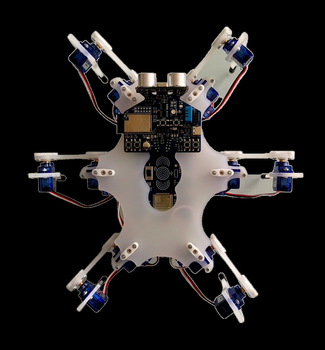 A small white six-legged robot seen from above on black: a round body covered in electronics, with six legs and their little blue motors spread evenly all around it