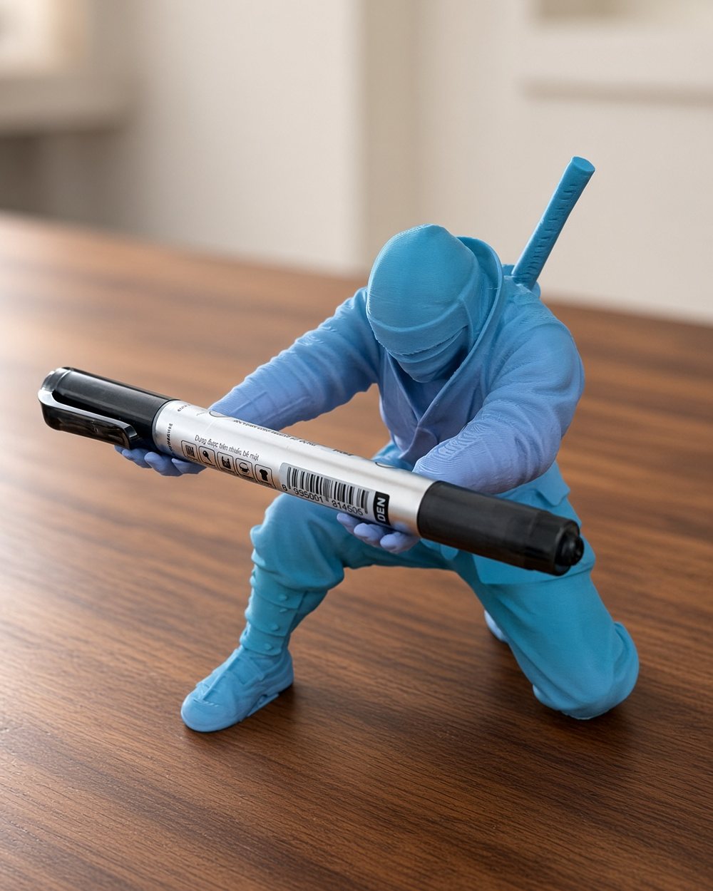 Ninja màu xanh quỳ trên mặt bàn gỗ, giơ hai tay đỡ một cây bút