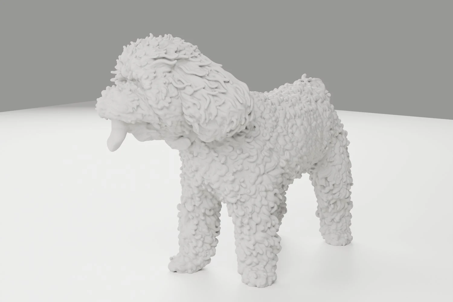 Sumo's 3D model in plain grey clay, every curl of his coat in relief