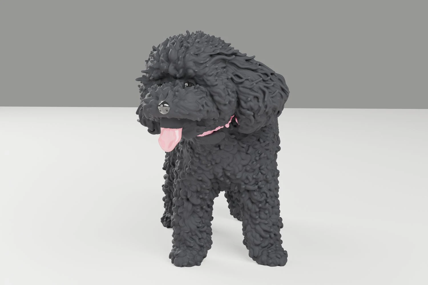 The painted preview of Sumo: black curly coat, shiny eyes, pink tongue and pink collar