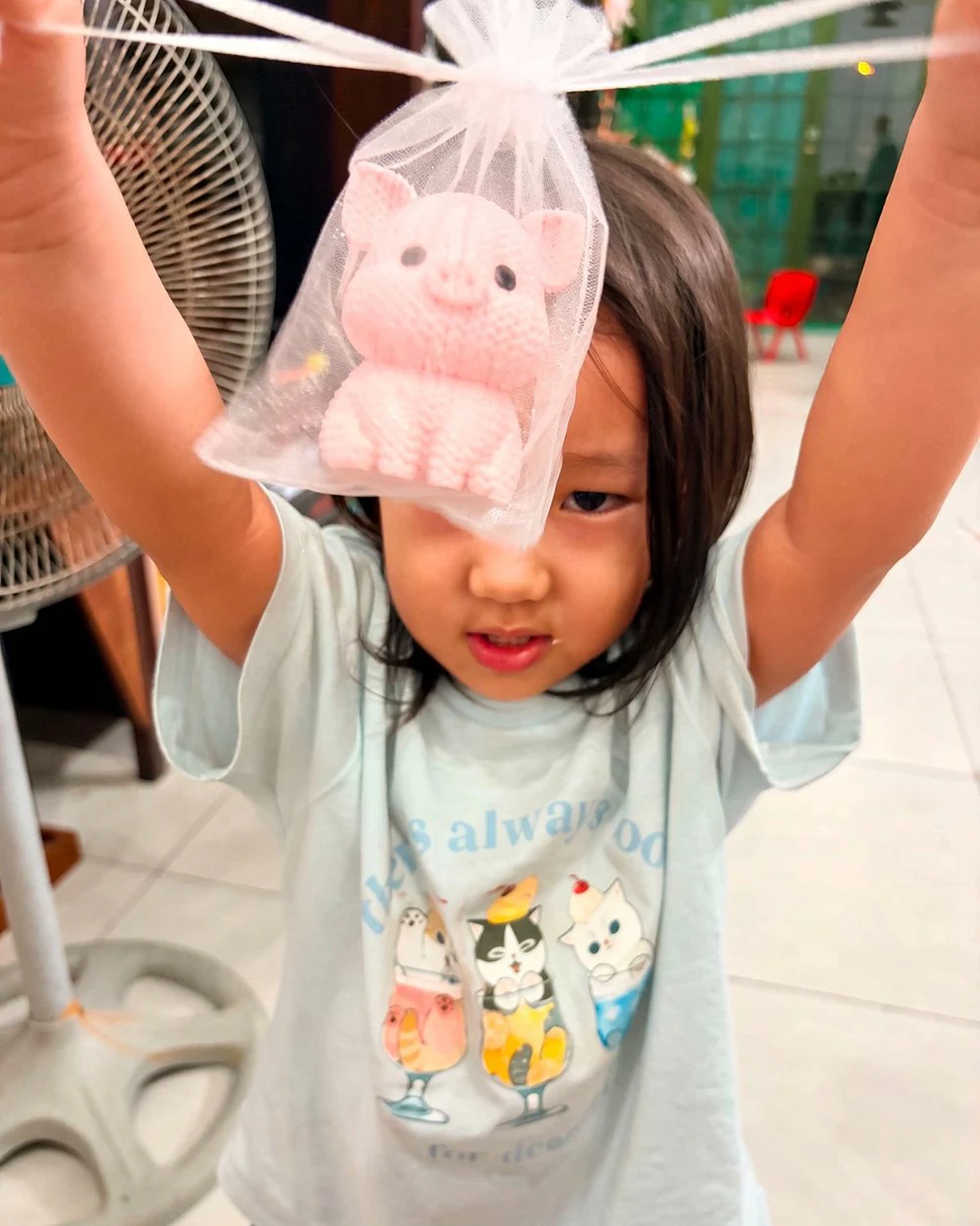 A little girl holding a pink knitted pig in an organza gift bag high above her head