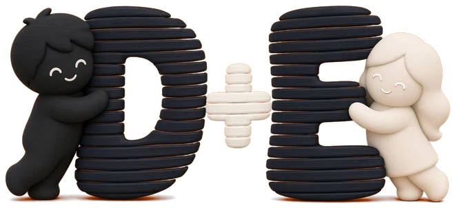 Denis and Ellie as two little printed figures, hugging the letters D and E
