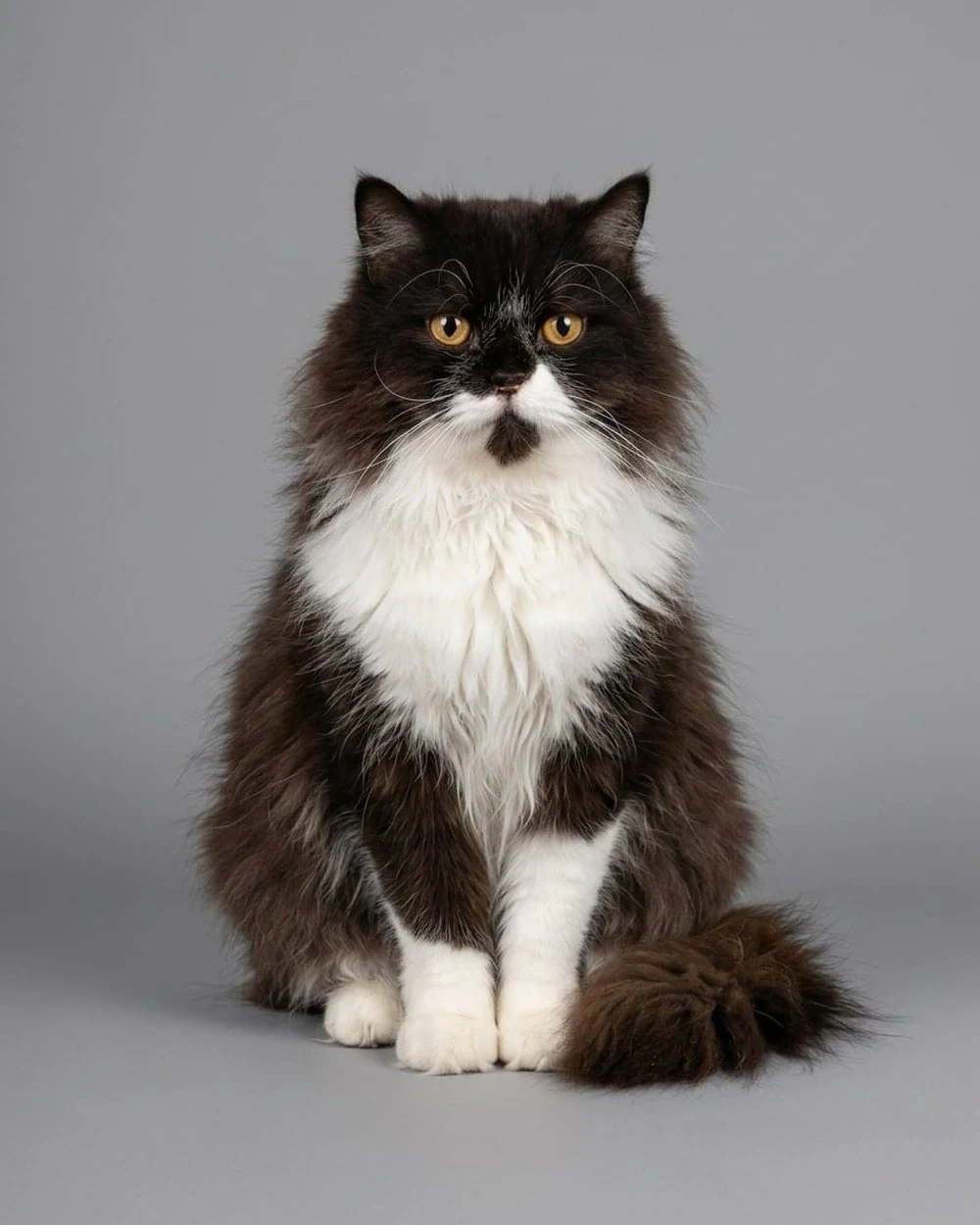 The same cat as a studio portrait on grey, sitting upright, made by AI from the photo