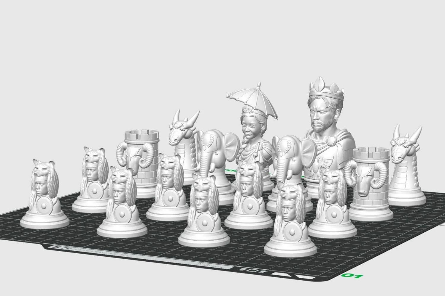 The full chess set in the slicer: a crowned king, a queen under a parasol, dragon knights and wolf-helmet pawns