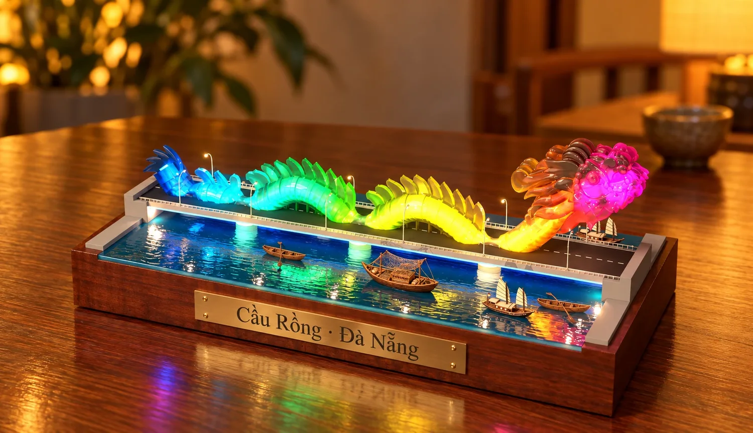 The Dragon Bridge desk model: a rainbow dragon over a lit epoxy river with boats, on a wooden base