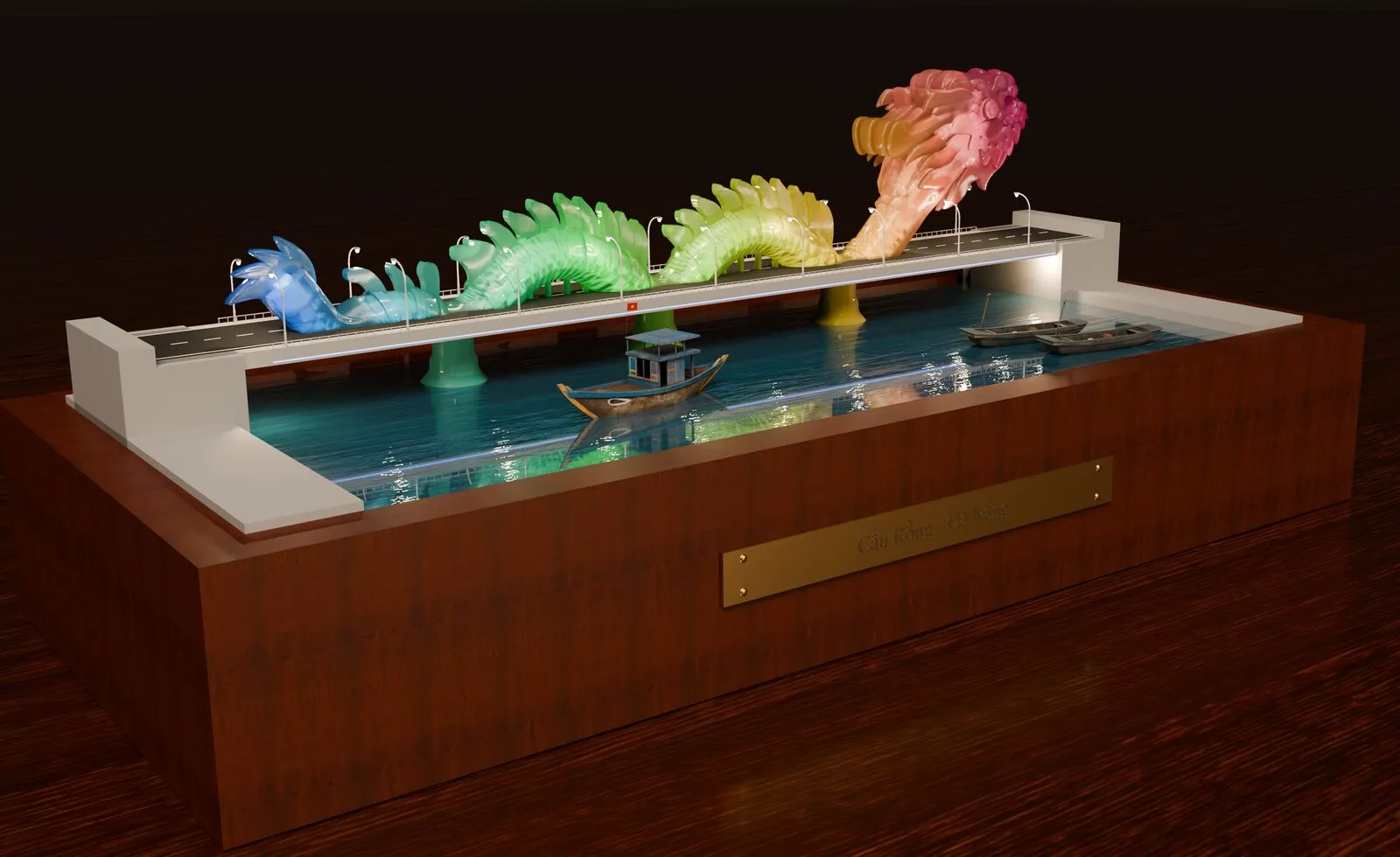 The Dragon Bridge desk model: a rainbow dragon over a lit epoxy river with boats, on a wooden base