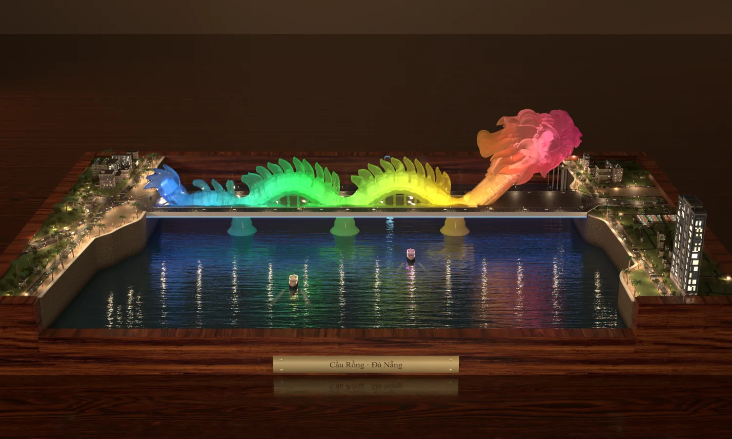 The VIP model at night from the front: the rainbow dragon over the river, both banks of the city, the wooden frame