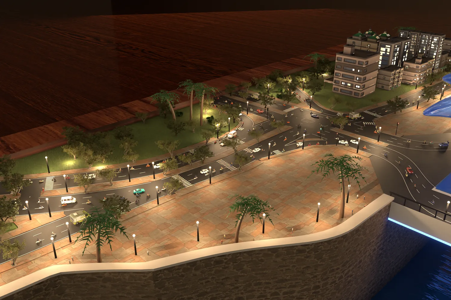 Close-up of the west bank: streets, trees, lamps and traffic