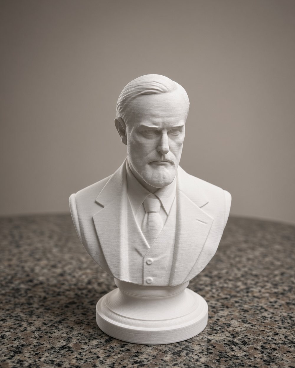 Tượng bán thân Sigmund Freud in 3D màu trắng, đặt trên mặt đá hoa cương