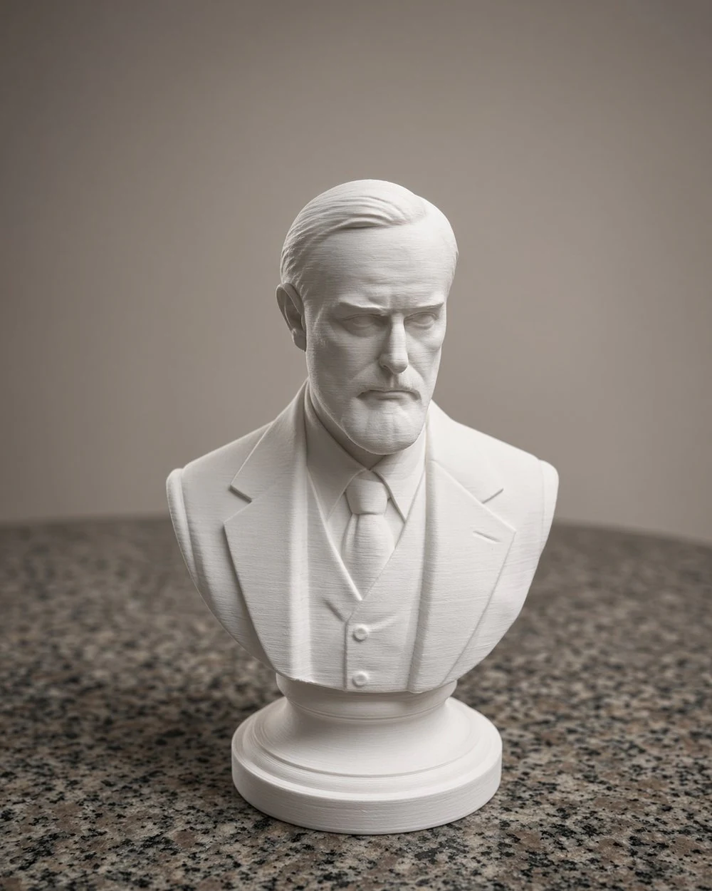 A white 3D-printed bust of Sigmund Freud standing on a granite surface